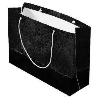 Midnight Onyx Romance | Black Satiny Grunge Damask Large Gift Bag