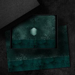 Midnight Teal Romance | Dark Satiny Grunge Damask Tissue Paper