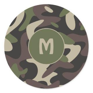 Military Camouflage Green Brown Pattern Monogram Classic Round Sticker