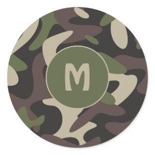 Military Camouflage Green Brown Pattern Monogram Classic Round Sticker