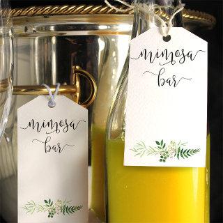 Mimosa bottle tags with a greenery bouquet