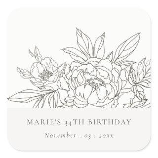 Minimal Brown Floral Sketch Any Age Birthday Square Sticker