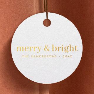 Minimal Christmas Merry and Bright Gold and White Foil Favor Tags