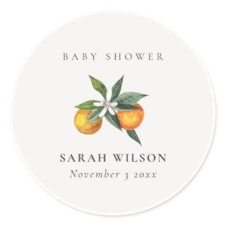 Minimal Citrus Orange Botanical Boho Baby Shower Classic Round Sticker