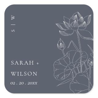 Minimal Dark Navy Waterlily Floral Sketch Wedding Square Sticker