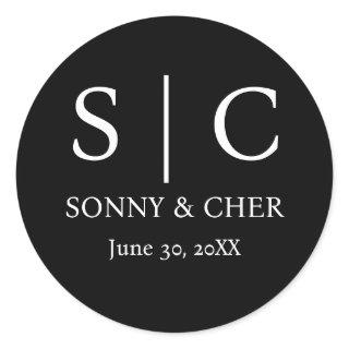 Minimal & Elegant Black & White Monogram Wedding Classic Round Sticker