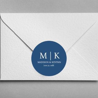 Minimal & Elegant Blue & White Monogram Wedding Classic Round Sticker