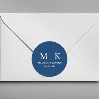 Minimal & Elegant Blue & White Monogram Wedding Classic Round Sticker