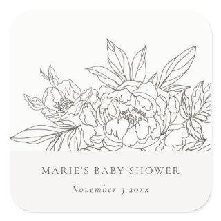 Minimal Elegant Brown Floral Sketch Baby Shower Square Sticker