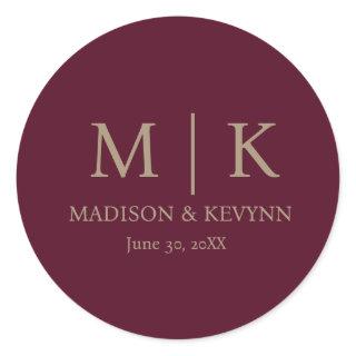 Minimal & Elegant Burgundy Monogram Wedding Classic Round Sticker
