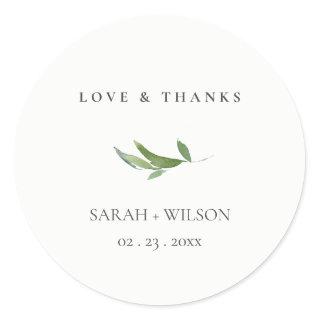 Minimal Foliage Greenery Wedding Love & Thanks Classic Round Sticker