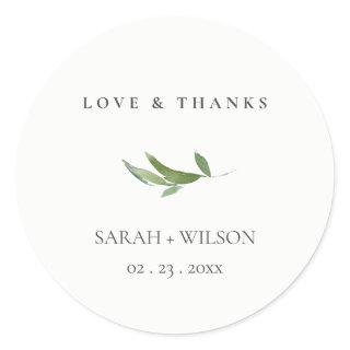 Minimal Foliage Greenery Wedding Love & Thanks Classic Round Sticker