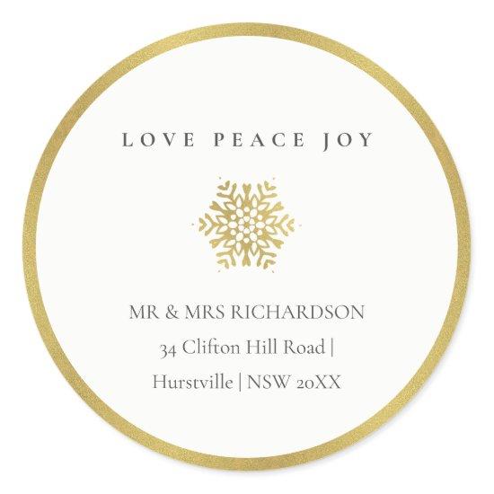 Minimal Gold Snowflake Love Joy Peace Address Classic Round Sticker