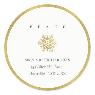 Minimal Gold Snowflake Peace Christmas Address Classic Round Sticker