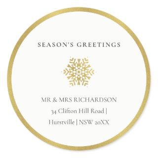 Minimal Gold Snowflake Season's Greetings Address Classic Round Sticker