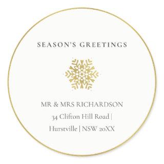 Minimal Gold Snowflake Season's Greetings Address Classic Round Sticker