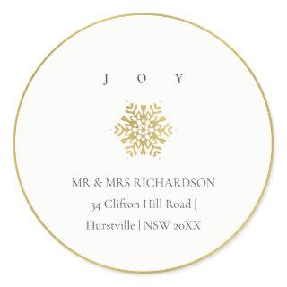 Minimal Gold SnowflakeJoy Christmas Address Classic Round Sticker