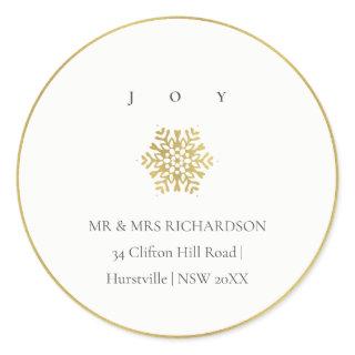 Minimal Gold SnowflakeJoy Christmas Address Classic Round Sticker