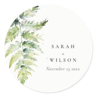 Minimal Green Watercolor Fern Foliage Wedding Classic Round Sticker