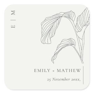Minimal Leafy Palm Sketch Black White Wedding Square Sticker