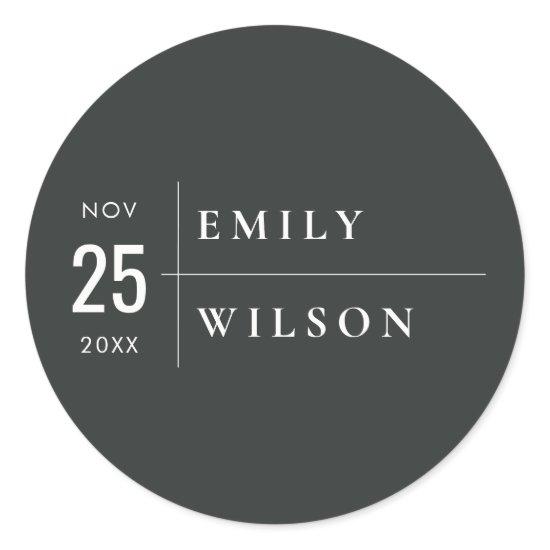 MINIMAL MODERN BLACK & WHITE TYPOGRAPHY WEDDING CLASSIC ROUND STICKER