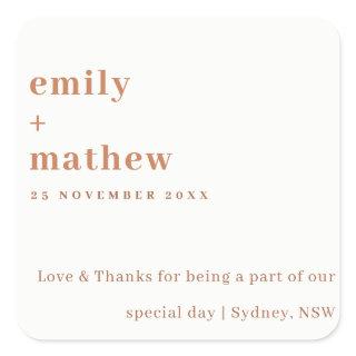 Minimal Modern Bold Rust Orange Typography Wedding Square Sticker