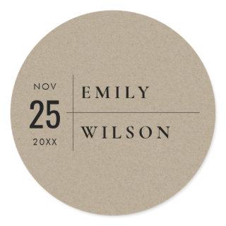 MINIMAL MODERN RUSTIC KRAFT TYPOGRAPHY WEDDING CLASSIC ROUND STICKER