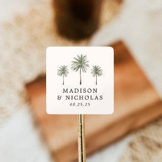 Minimal Palm Trees Personalized Wedding Square Sticker