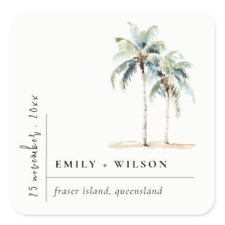 Minimal Palm Trees Watercolor Tropical Wedding Square Sticker