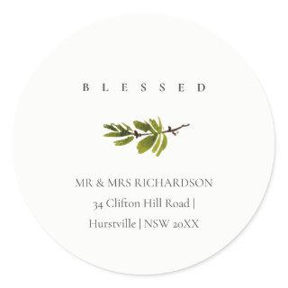 Minimal Pine Branch Christmas Address Blessed Classic Round Sticker