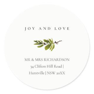 Minimal Pine Branch Christmas Address Joy & Love Classic Round Sticker