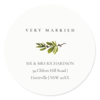 Minimal Pine Branch Christmas Address Very Married Classic Round Sticker