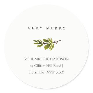 Minimal Pine Branch Christmas Address Very Merry Classic Round Sticker