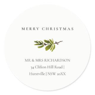 Minimal Pine Branch Merry Christmas Address Classic Round Sticker