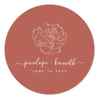 Minimal Script Floral Art Wedding | Terracotta Classic Round Sticker