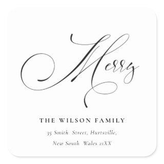 Minimal Script Merry Christmas Greeting Address Square Sticker