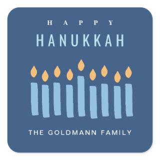 Minimal Simple Blue Yellow Candles Happy Hanukkah Square Sticker