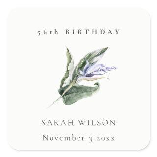 Minimal Tropical Blue Leafy Flora Any Age Birthday Square Sticker