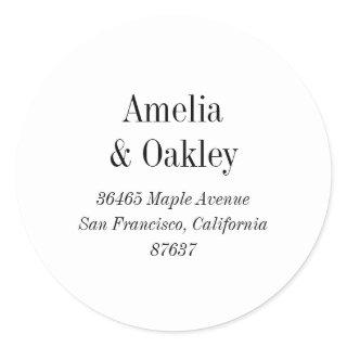 Minimal White Black Elegant Wedding Return Address Classic Round Sticker