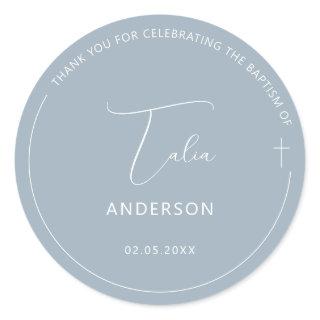 Minimalist Baptism Simple Cross Blue Classic Round Sticker