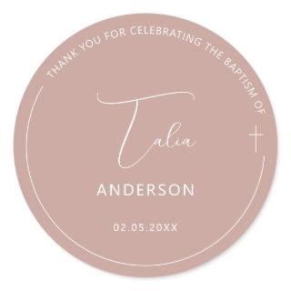 Minimalist Baptism Simple Cross Pink Classic Round Sticker