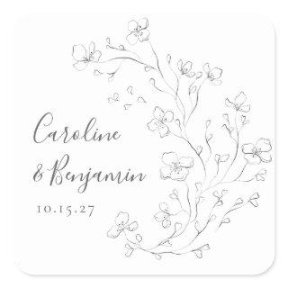 Minimalist Boho Black White Floral Art Wedding Square Sticker