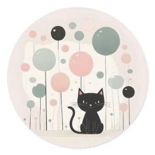 Minimalist Boho Cute Black Cat with Balloons  Classic Round Sticker