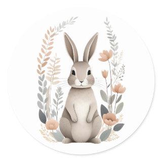 Minimalist Boho Cute Bunny Rabbit with Flowers Classic Round Sticker