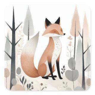Minimalist Boho Cute Fox in a Forest Square Sticker