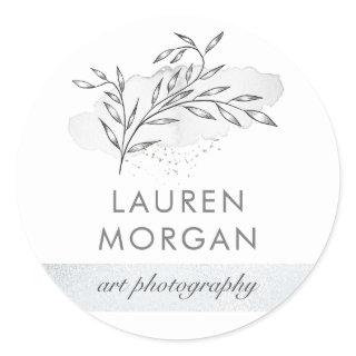 minimalist botanical silver monogram classic round sticker