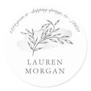 minimalist botanical silver return address classic round sticker