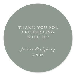 Minimalist Dark Sage Green Script Custom Thank You Classic Round Sticker