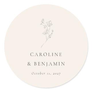 Minimalist Ecru Floral Line Art Wedding Custom Classic Round Sticker