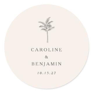 Minimalist Ecru Palm Tree Line Art Custom Wedding Classic Round Sticker